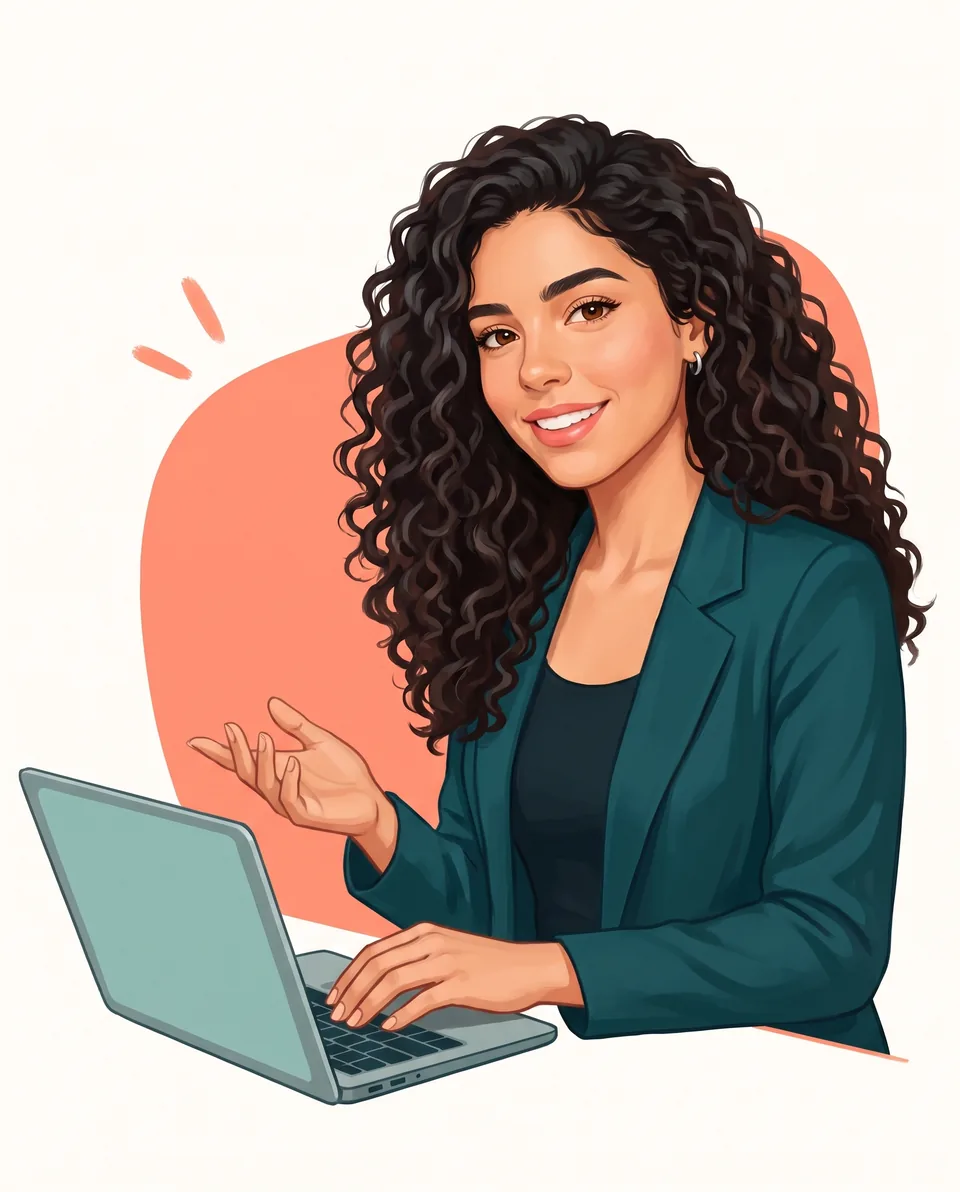 Ilustração de Isabella, sorrindo, trabalhando em um laptop e explicando com a mão, no mesmo estilo do logo.