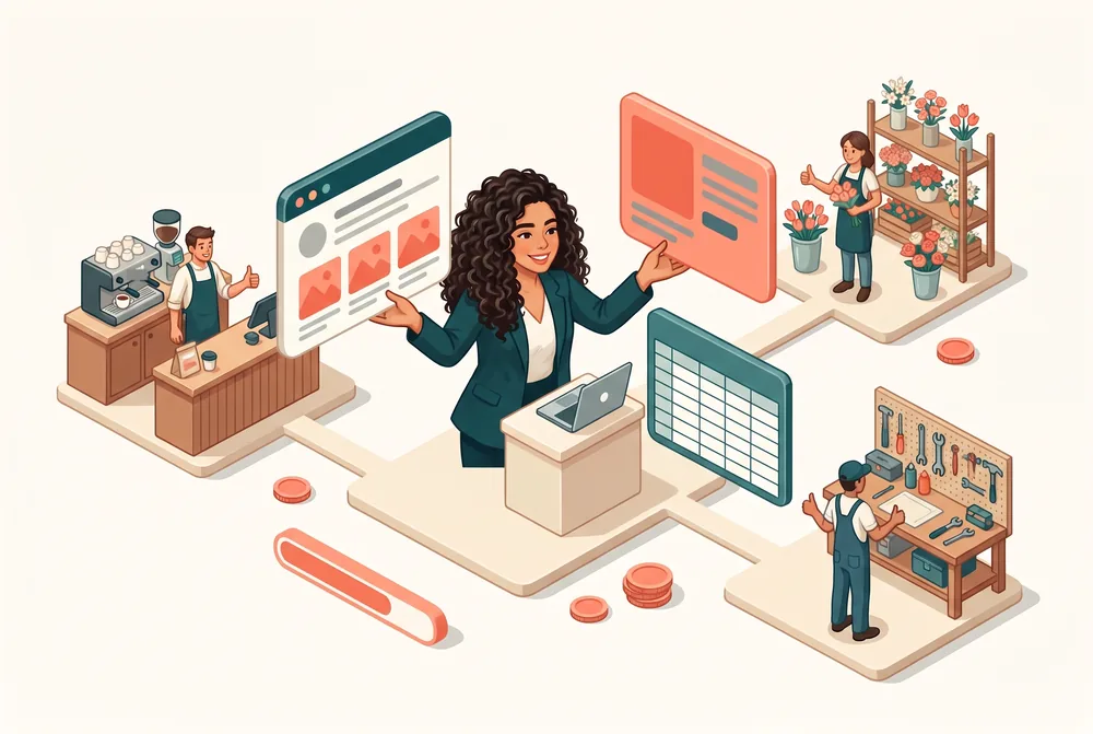 Ilustração isométrica de uma pequena cidade de negócios: Isabella, no centro, entrega um painel de site, um cartão de conteúdo e uma planilha organizada a três donos de pequenos negócios fictícios, que respondem com um sinal de positivo.