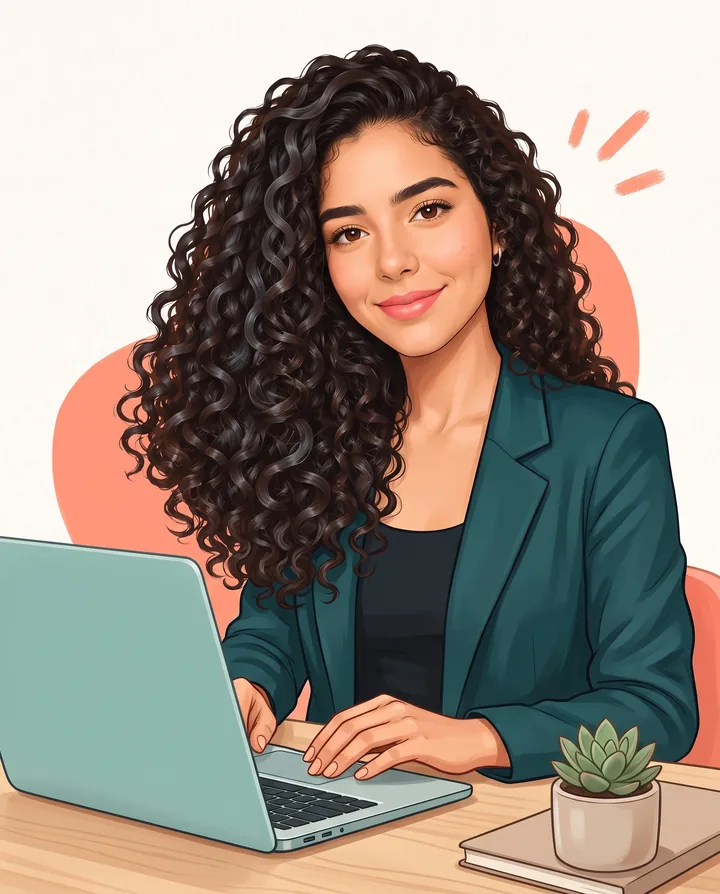 Ilustração de Isabella sorrindo, sentada à mesa com um laptop aberto, no mesmo estilo do logo.