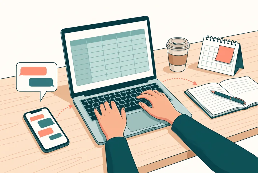 Ilustração de uma mesa de trabalho: celular com mensagens, notebook com uma planilha simples, caderno e agenda, conectados por setas, mostrando a informação fluindo de forma organizada.
